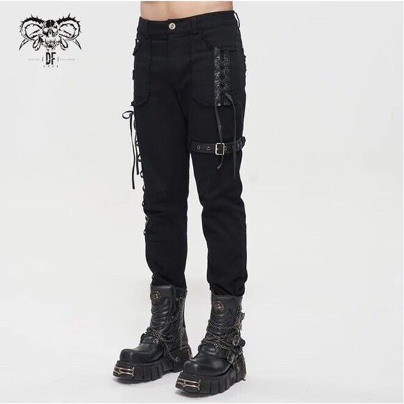 NWT Devil Fashion Mens Goth Punk Biker Grunge Side Lacing Size Small Jeans Black - Picture 3 of 16